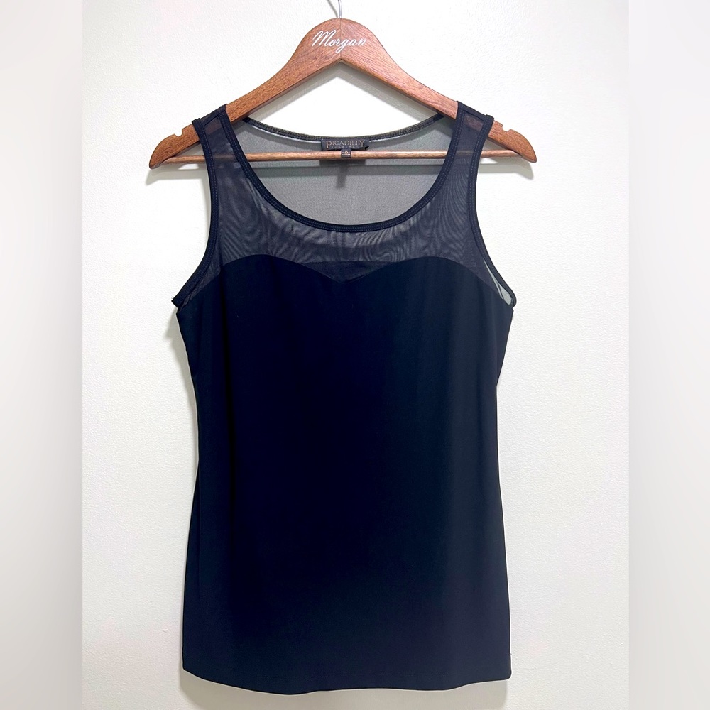 Picadilly Fashion Black Top with Mesh Sweetheart Neckline, Pleats in Back, Sm